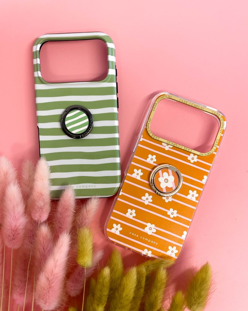 Orange premium case with little flowers, a gold camera frame and a ring holder